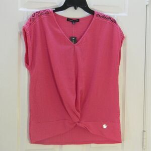 Adrienne Vittadini Hot Pink Top Crochet Shoulders Cap Sleeve Sz M NWT